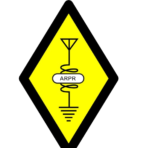 Logotipo da associação na forma de um losango contendo dentro o simbolo do radioamadorismo e a escrita ARPR