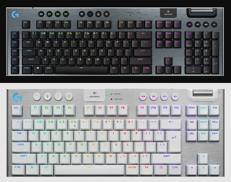 Os teclados G915X Lightspeed (acima) e G915x Lightspeed TKL (abaixo, na cor branca). (Imagem: Logitech G/Divulgação)