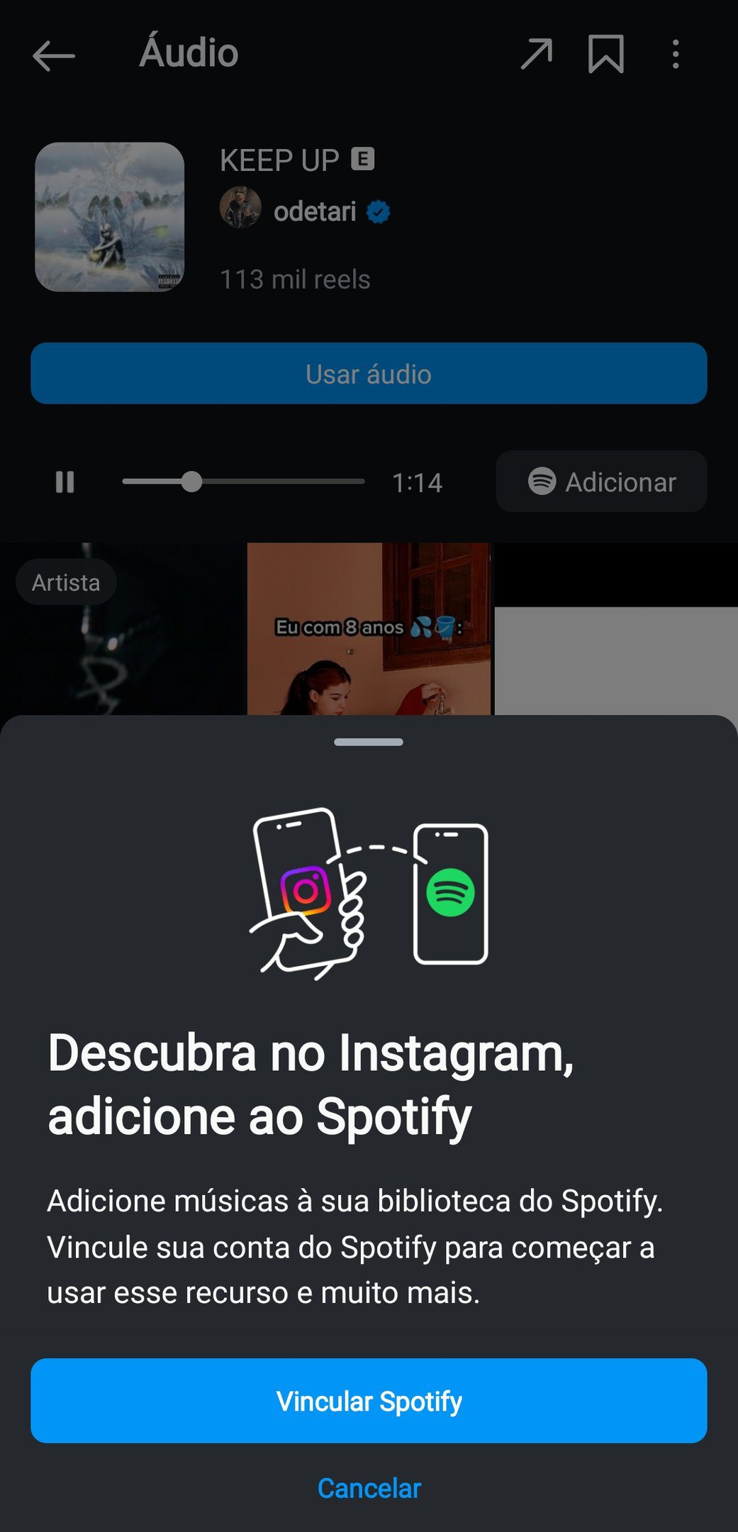 A função adiciona a música do Instagram à sua biblioteca pessoal do Spotify.