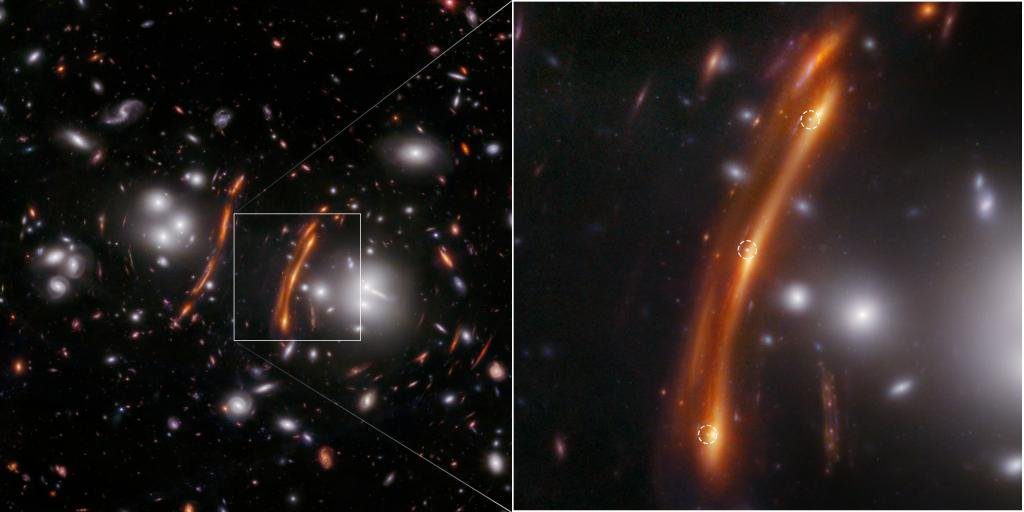 Imagem do lenteamento gravitacional no aglomerado de galáxias PLCK G165.7+67.0.