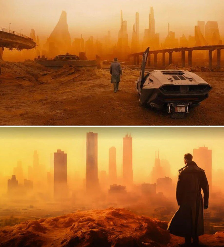 Uma cena de Blade Runner 2049 (acima) e um dos painéis modificados por IA da Tesla. (Imagem: Warner Bros. e Tesla/Reprodução)