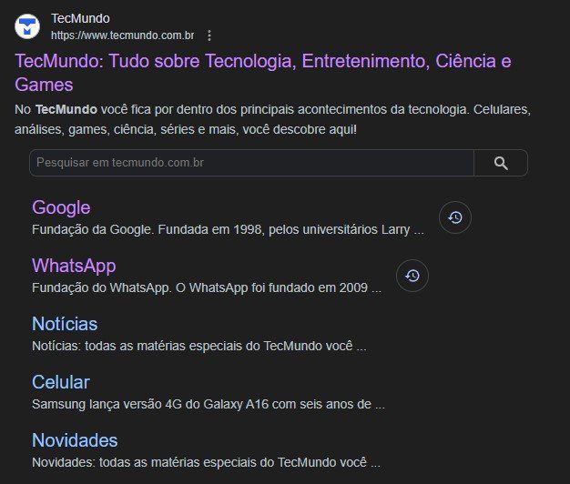 A caixa de busca adicional do Google aparecia logo abaixo do primeiro resultado, permitindo filtrar os resultados. (Imagem: Igor Almenara/TecMundo)