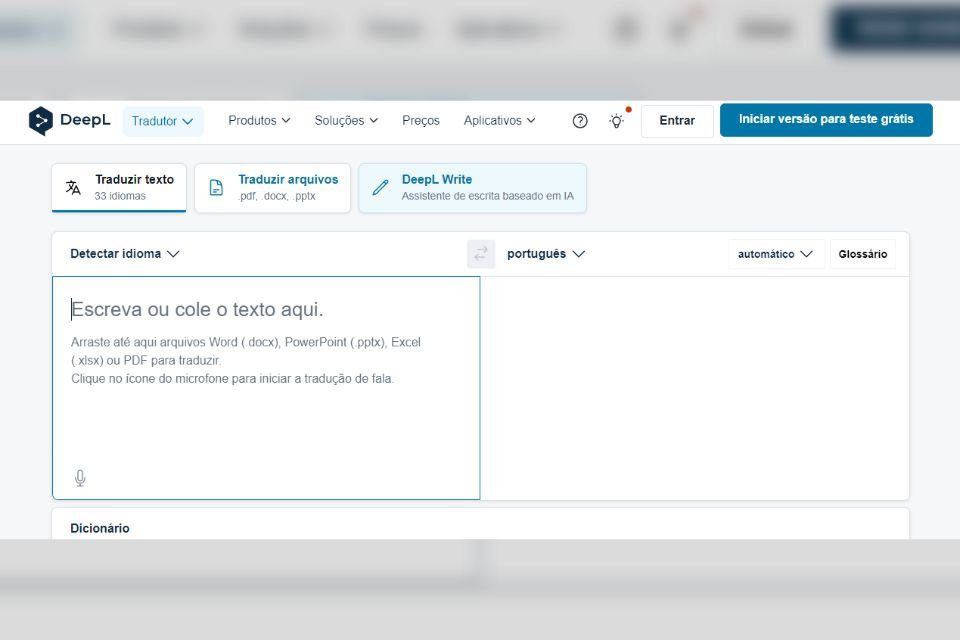 Página de tradução online do DeepL.
