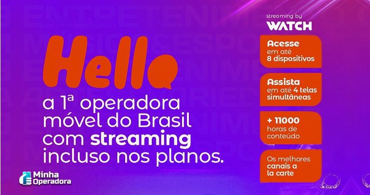 Banner promocional da operadora Hello Celular destacando a inclusão de streaming nos planos. O texto informa que é a primeira operadora móvel do Brasil com essa oferta, permitindo acesso a conteúdo em até 8 dispositivos e até 4 telas simultâneas. A plataforma oferece mais de 11.000 horas de conteúdo e canais a la carte, com streaming fornecido pela Watch.