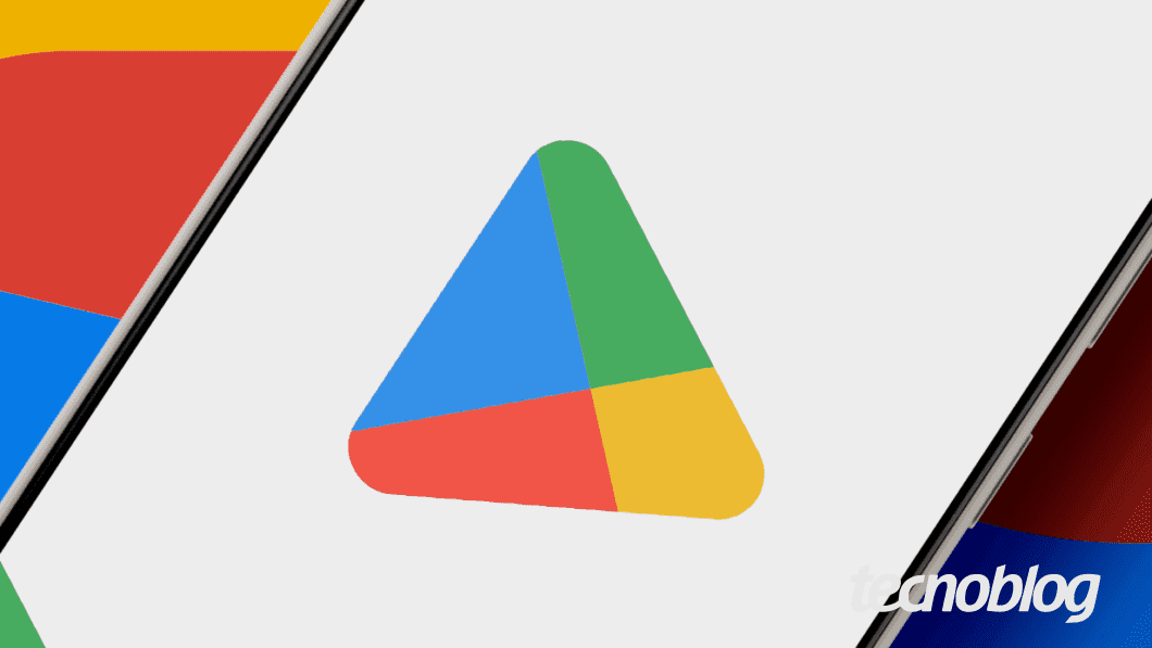 Fundo com as cores do Google nas laterais, branco no centro e um smartphone exibindo o logo da Play Store