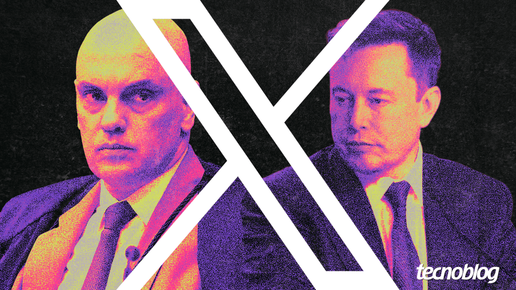 Ilustração com fotos de Alexandre de Moraes, Elon Musk e o logo do X