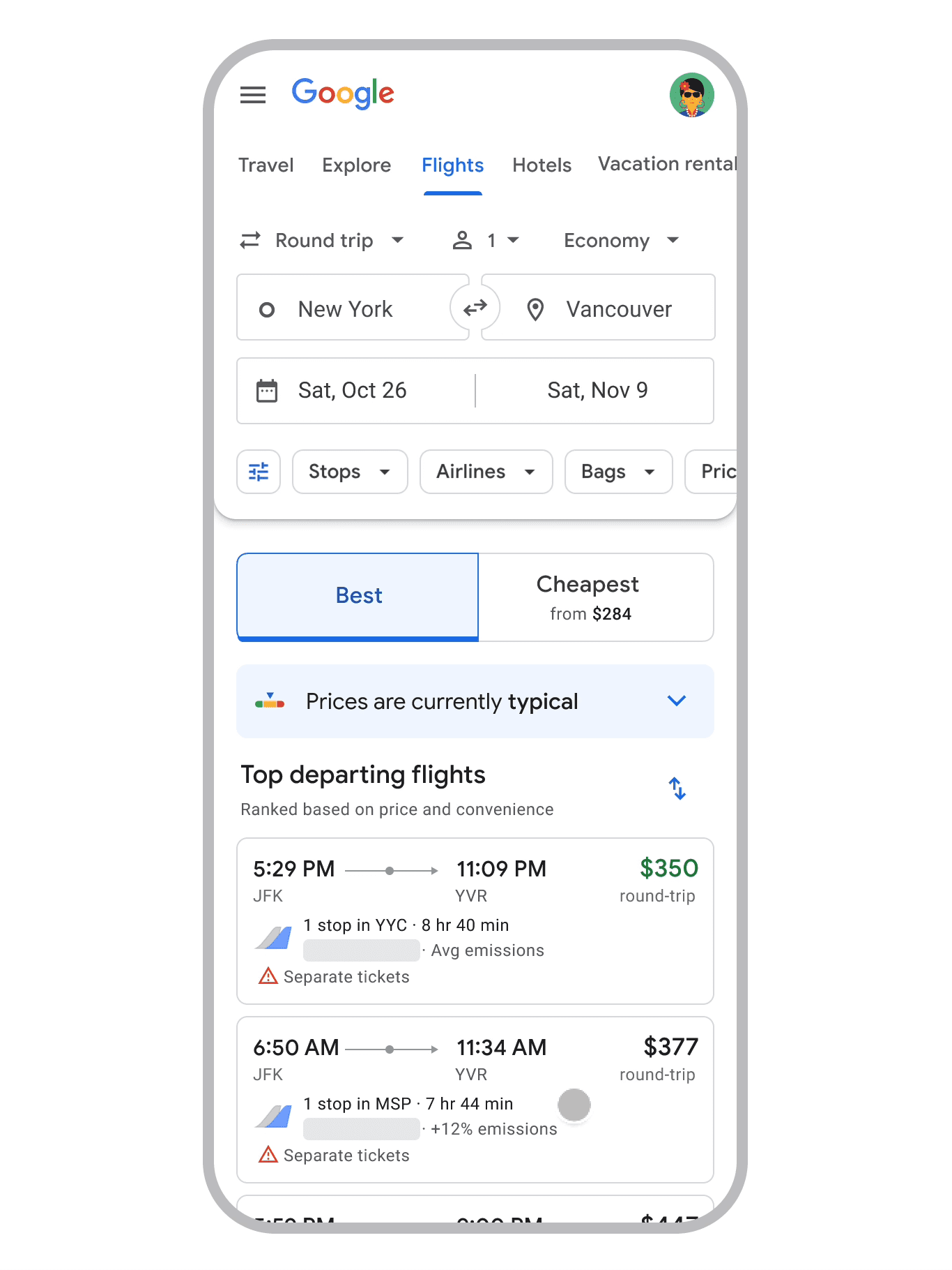 Tela do Google Flights com nova aba de preços mais baixos