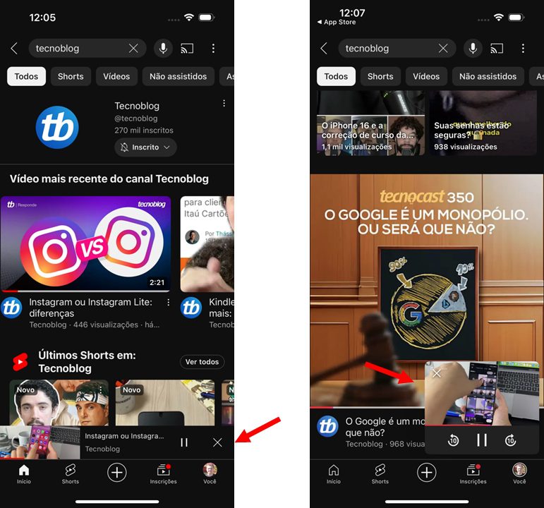 Antiga barra de reprodução à esquerda, novo miniplayer do YouTube à direita (imagem: Emerson Alecrim/Tecnoblog)