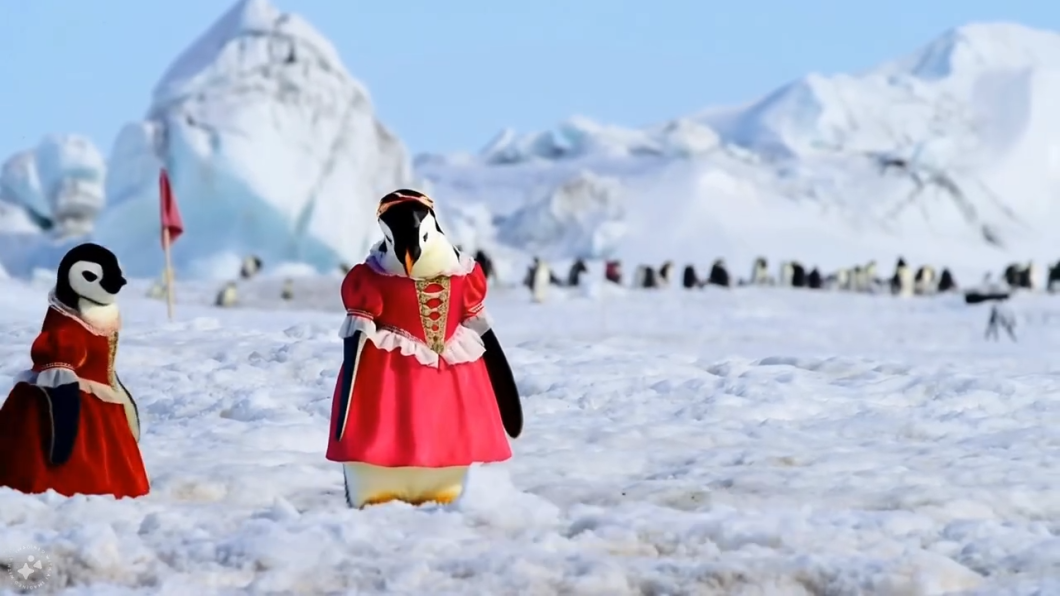 Pinguins usando vestidos vermelhos