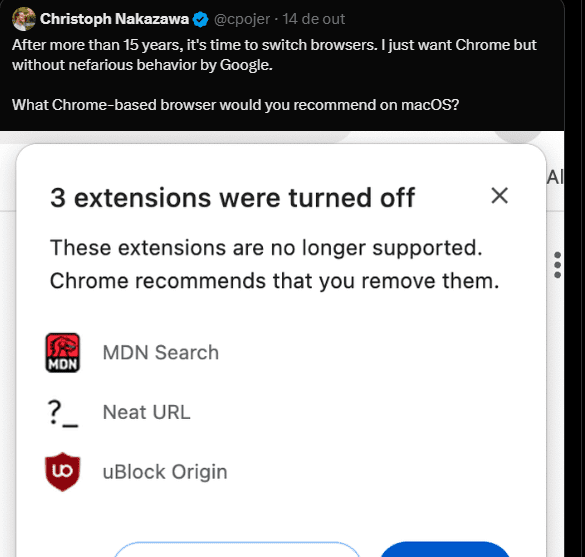 Usuário divulgou no X que teve três extensões desinstaladas no seu Chrome (Imagem: Reprodução/X)