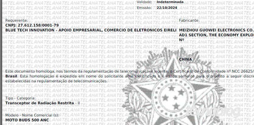 Certificação do Moto Buds 500 na Anatel indica que ele possui cancelamento de ruído ativo (Imagem: Reprodução/Tecnoblog)