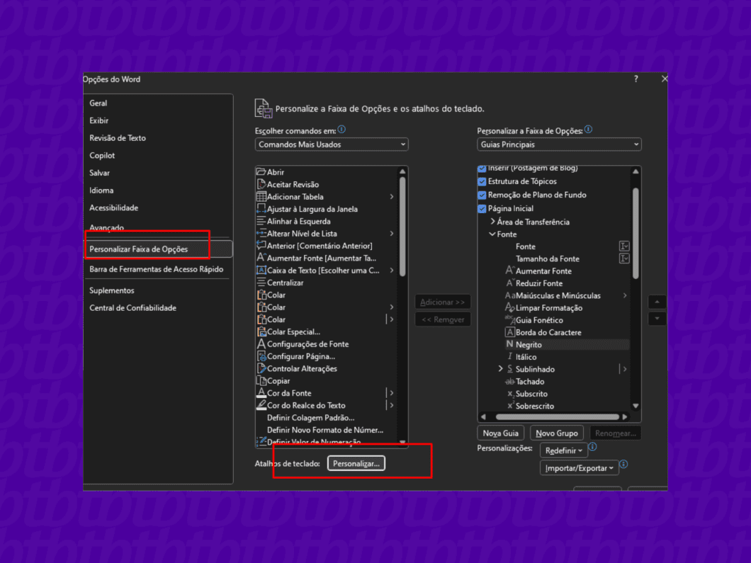 Troca do atalho no Word é feita a partir do menu opções (Imagem: Reprodução/Tecnoblog)
