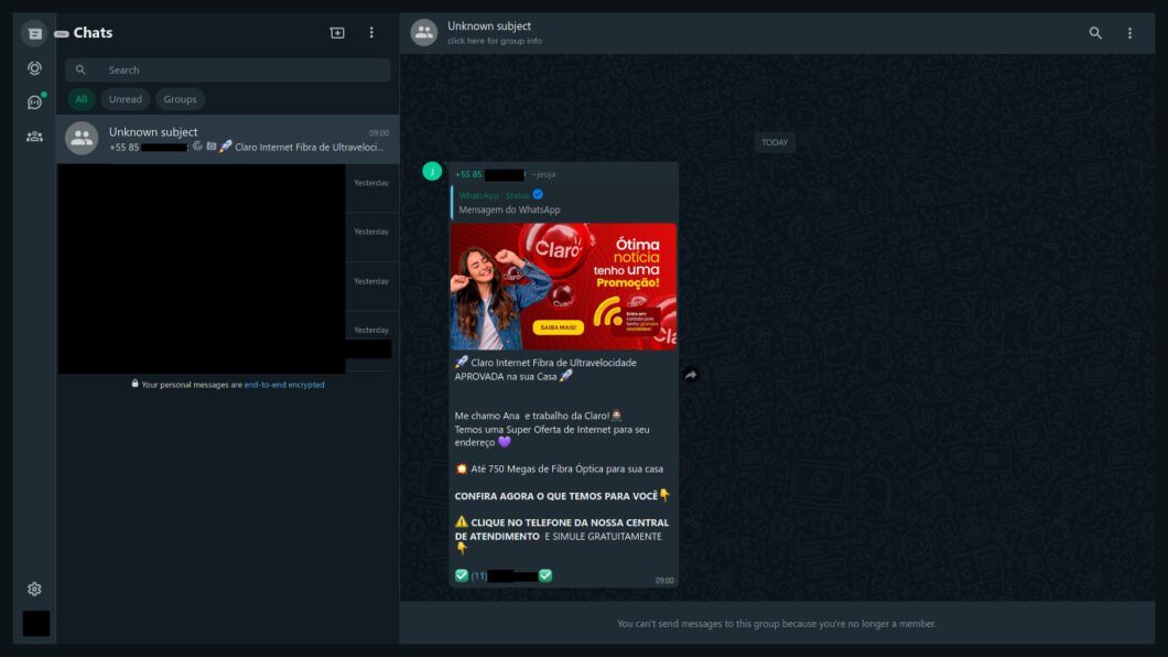 Outro caso de falha no WhatsApp Web que permite adicionar usuários a grupos mesmo sem estar na lista de contatos (Imagem: Reprodução/Comunidade do Tecnoblog/Diego Silva)