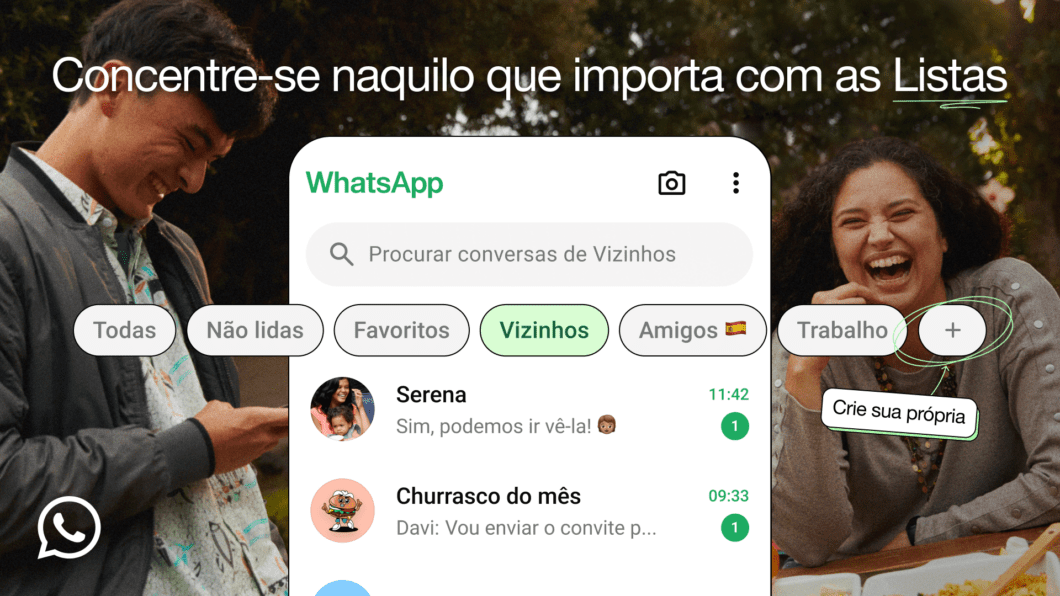 Tela do WhatsApp com as listas Amigos da Espanha e Vizinhos em destaque