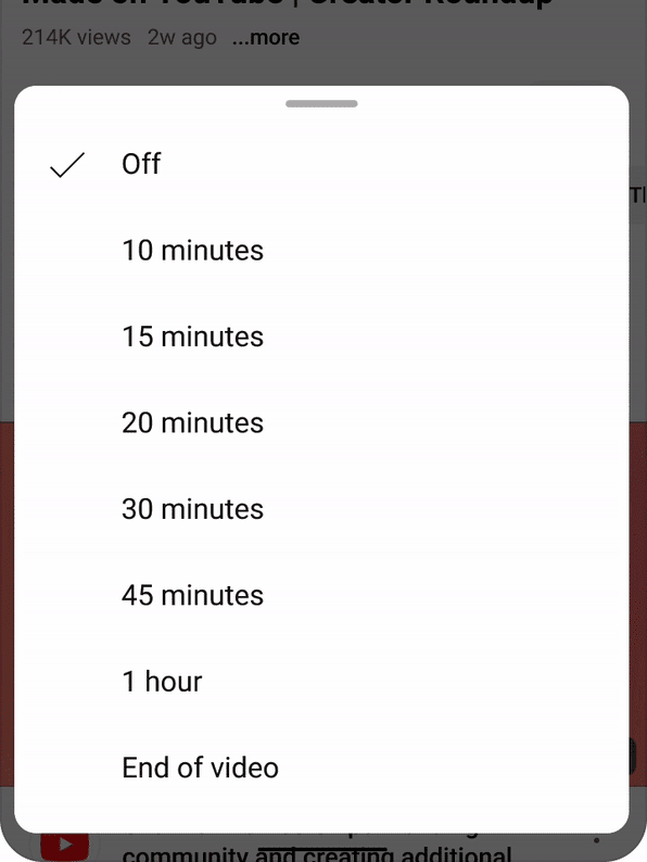 Tela do app do YouTube com uma lista de opções de timer (10, 15, 20, 30, 45 minutos, 1 hora, fim do vídeo)