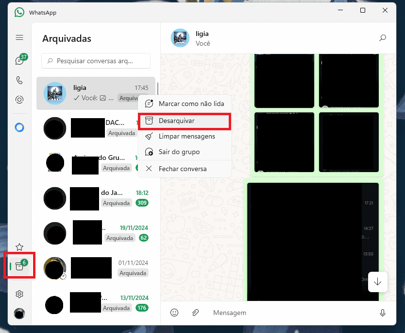 Desarquivar conversa no WhatsApp Desktop.
