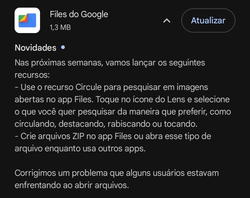 Nota de atualização do Files revela que Circle to Search chegará para o aplicativo nas próximas semanas (Imagem: Reprodução/Tecnoblog)