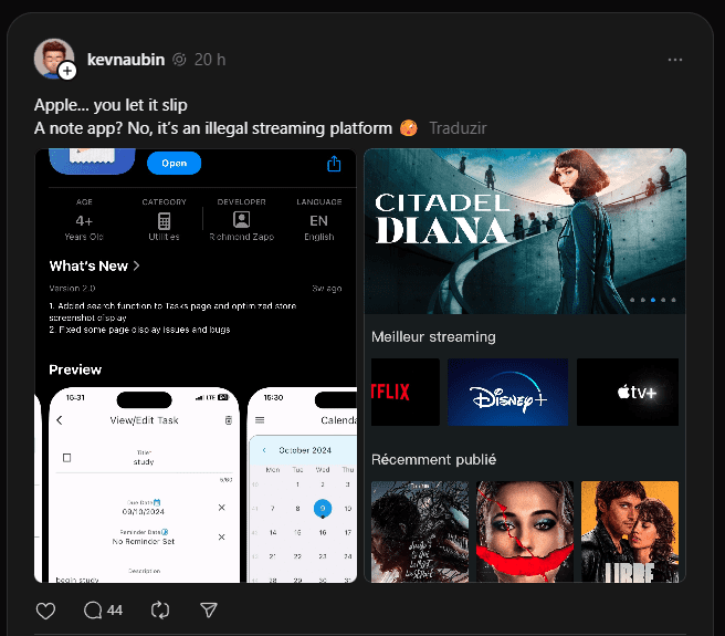 Ao abrir Univer Note, usuário entrava em um catálogo de streaming pirata (Imagem: Reprodução/Tecnoblog)