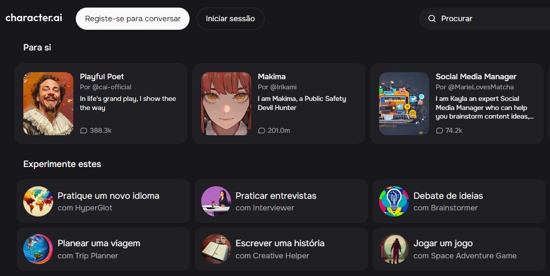 A página principal da plataforma. (Imagem: Reprodução/Character.AI)