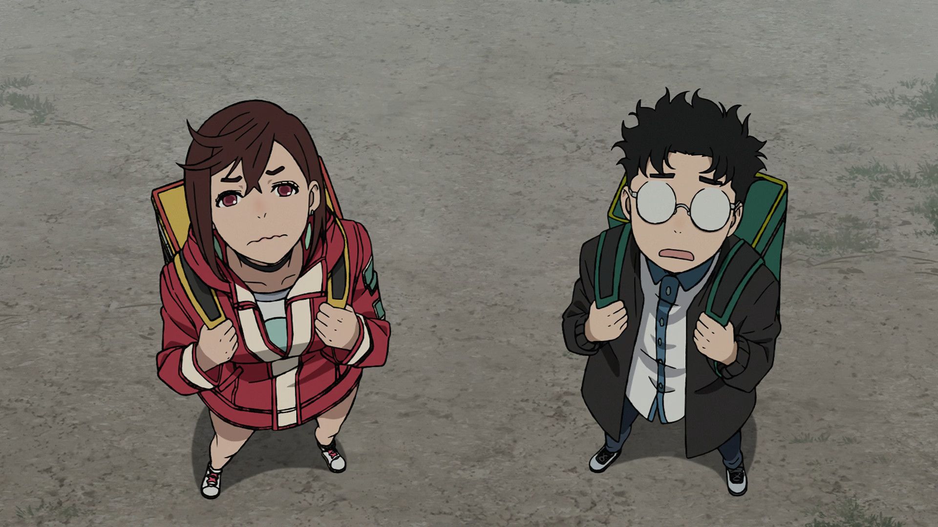 Okarun and Momo looking up with exhausted expressions on their faces in Dandadan Episode 12