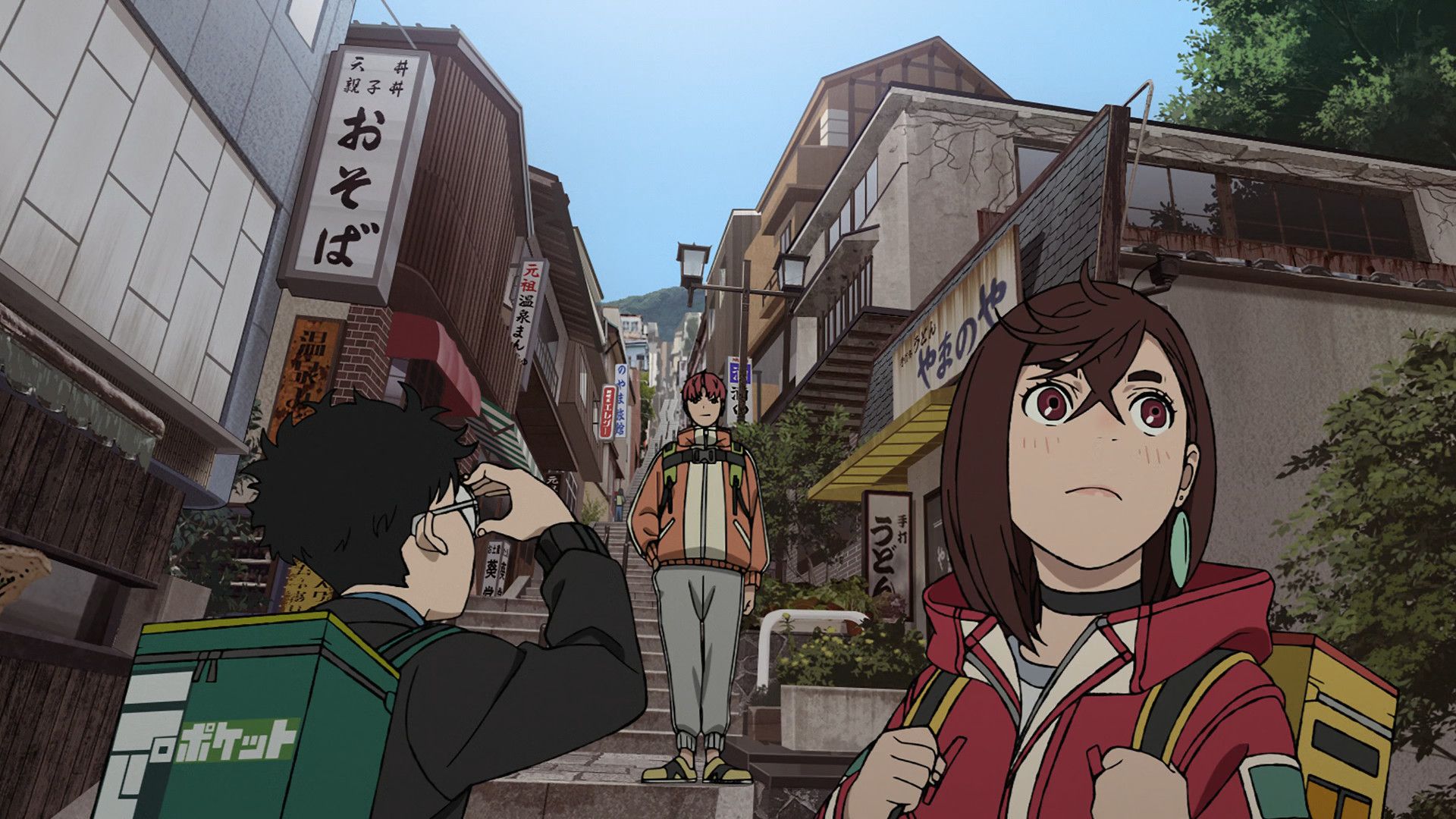 Okarun, Momo, and Jiji in a new town in Dandadan Episode 12