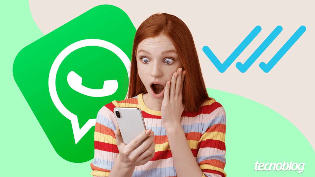 Mulher com feição alarmada olha para o celular. Atrás dela está a marca do WhatsApp e o suposto ícone de três checks.