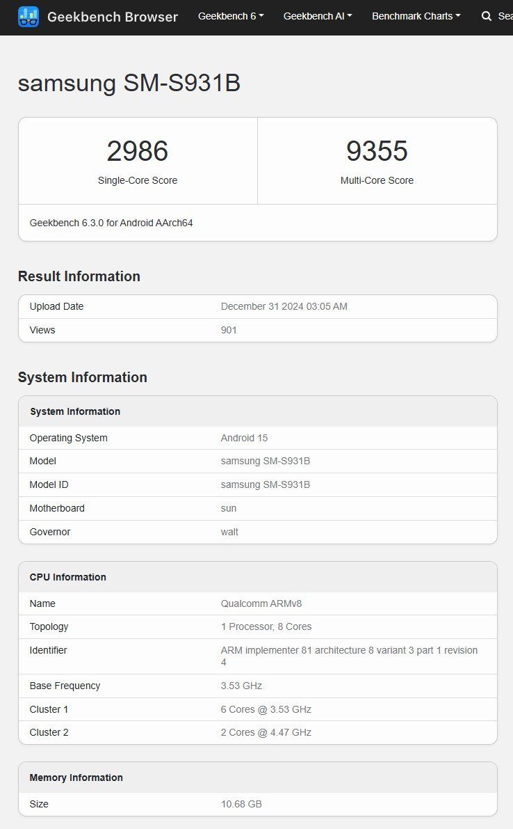 Resultados preliminares publicados no Geekbench Browser mostram o Galaxy S25 Ultra equipado com um Snapdragon 8 Elite modificado. (Fonte: Geekbench/Reprodução)