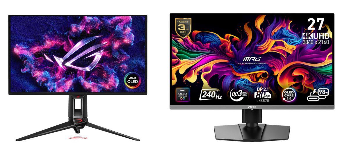 Asus ROG Swift OLED PG27UCDM (direita) e  MSI MPG 272URX QD-OLED (esquerda)