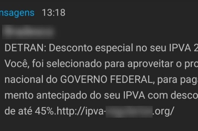 Uma das mensagens SMS falsas sobre o pagamento do IPVA. (Imagem: Kaspersky/Reprodução)