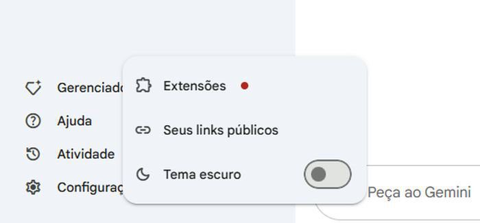 Ativando as extensões do Gemini na versão web. (Imagem: Google Gemini/Reprodução)