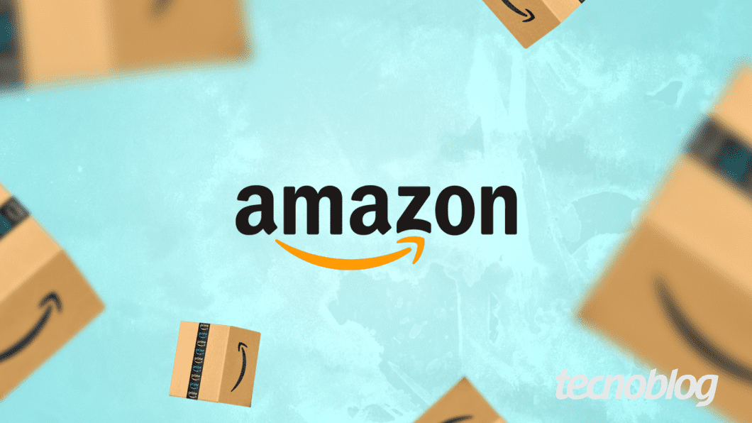Capa com o logotipo da Amazon ao centro e caixas de compras no entorno