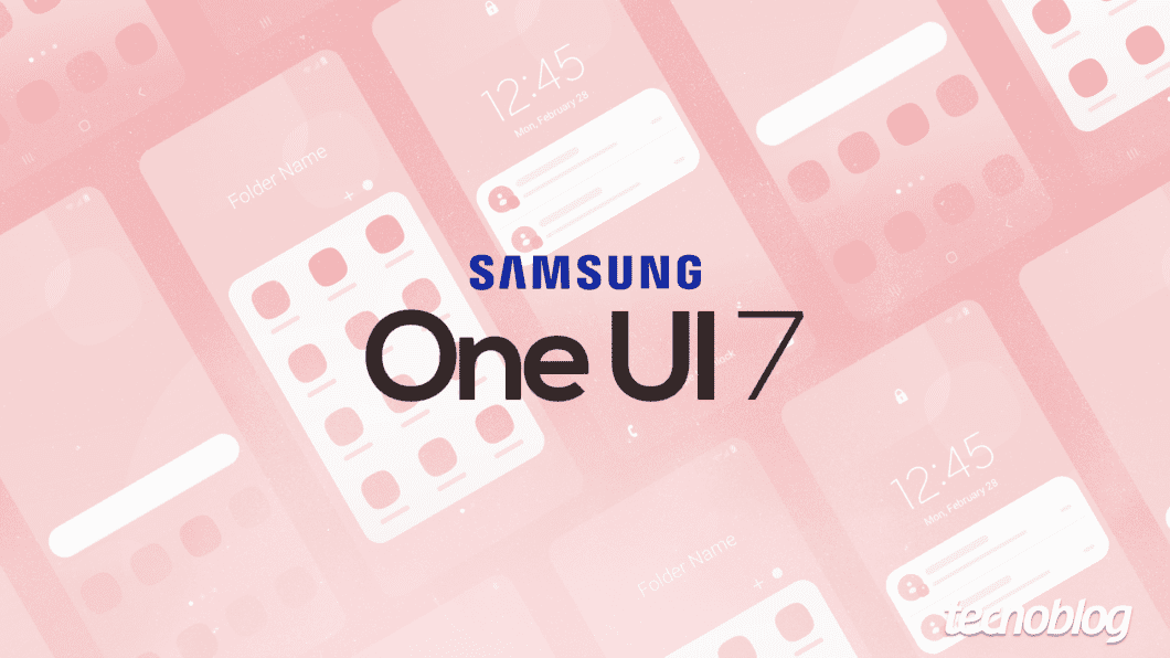 Ilustração contendo capturas de tela de smartphones e logo da Samsung One UI 7