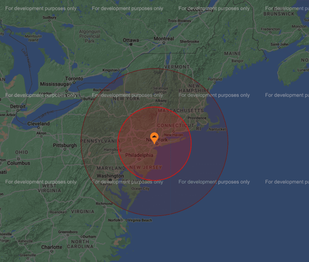 Imagem mostra região de Nova York com identificador de local e círculo vermelho indicando área na qual o usuário pode estar (imagem: reprodução/404 Media)