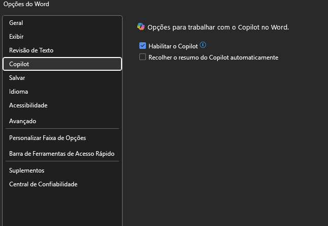 Copilot precisa ser desativado em cada aplicativo a partir da tela de opções do programa (Imagem: Felipe Freitas/Tecnoblog)
