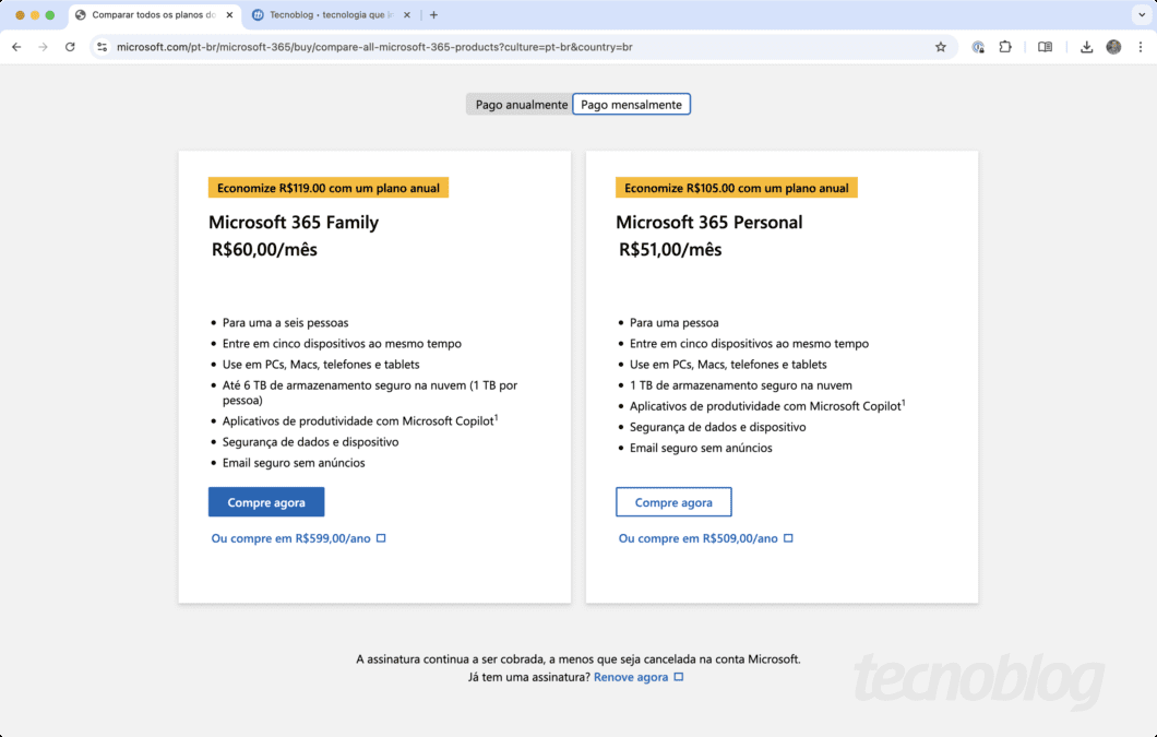 Print do site da Microsoft com tabela que informa características de dois planos