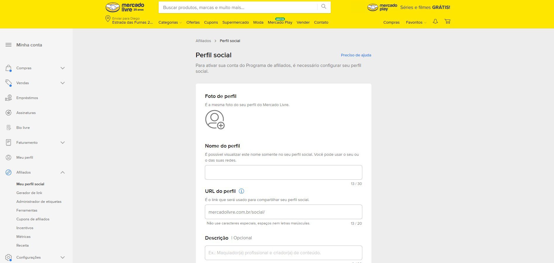 É preciso preencher os dados obrigatórios para criar seu cadastro no programa de afiliados