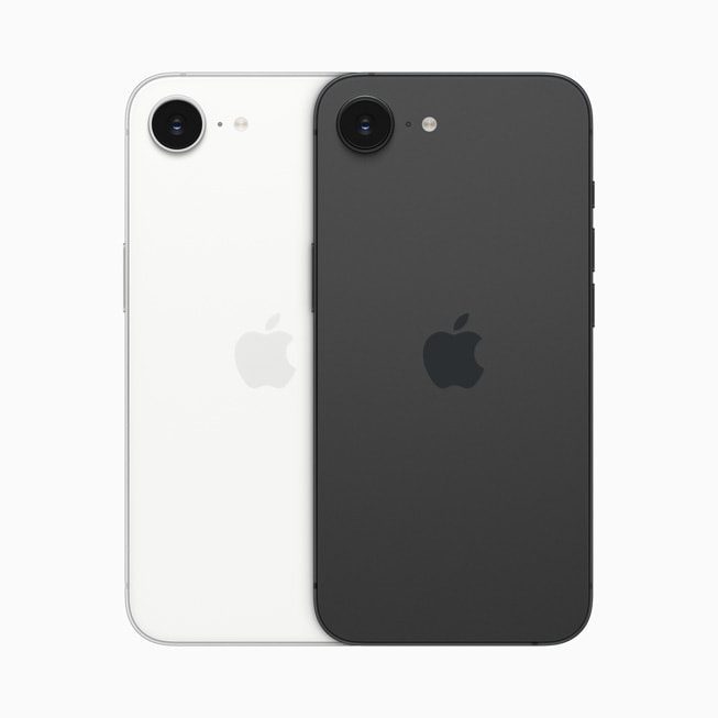 A matte white and a matte black iPhone 16e, side by side. 