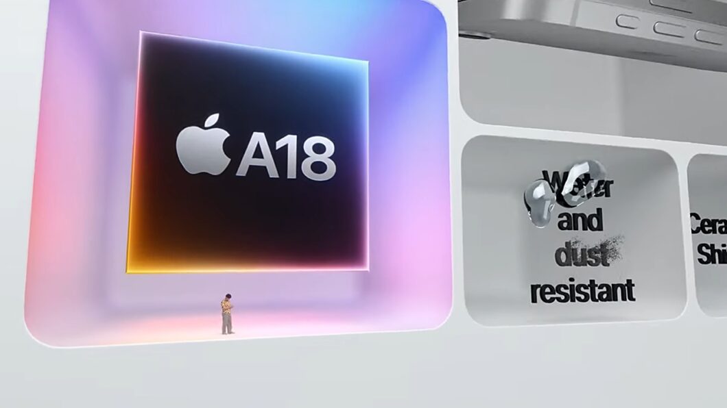 Tela de apresentação da Apple mostrando o logotipo do chip A18