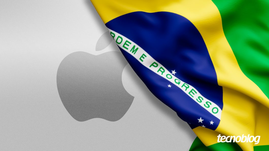 Ilustração mostra a marca da Apple e a bandeira do Brasil