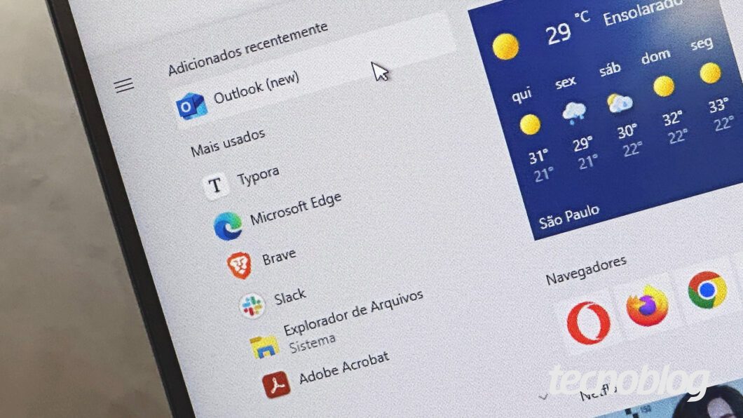 Menu Iniciar do Windows 10 mostrando atalho para o novo Outlook